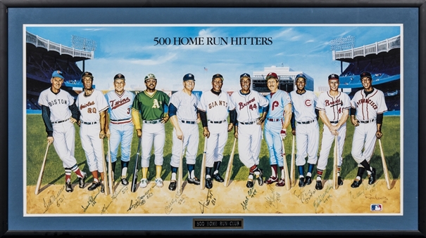 500 Home Run Club Multi Signed Litho With 11 Signatures Including Aaron, Mantle, Williams, & Jackson In 41x23 Framed Display (Beckett)